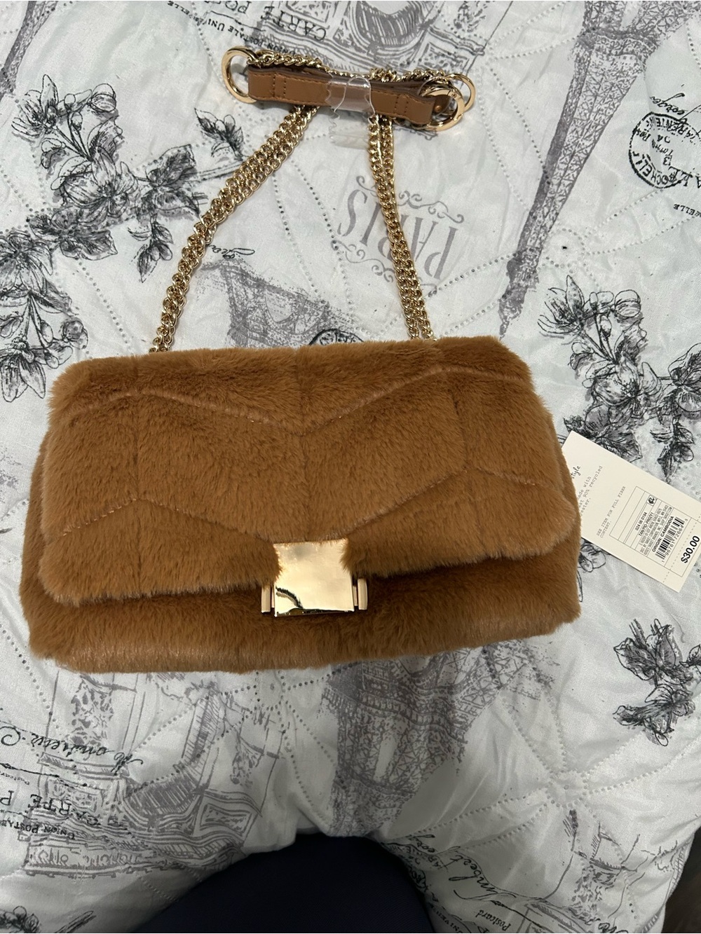 Faux Fur Shoulder Bag in Brown with Gold Hardware